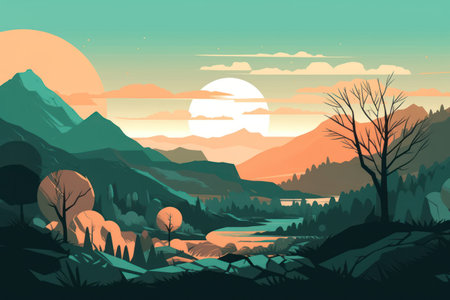 Beautiful landscape with river and mountains. Vector illustration in flat styleの素材