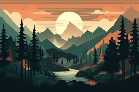 Landscape with lake, forest, mountains and sunset. vector illustrationの素材