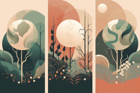 Vector illustration of a landscape with trees, bushes and the moon.の素材