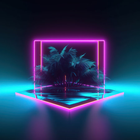 Futuristic neon display with palm trees and geometric shapes. 3D Renderingの素材