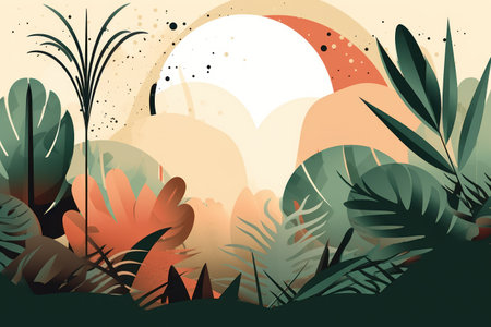 Tropical background with palm leaves and sun. vector illustration.の素材
