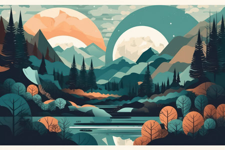 Landscape with mountains, river and forest. Vector illustration in flat styleの素材