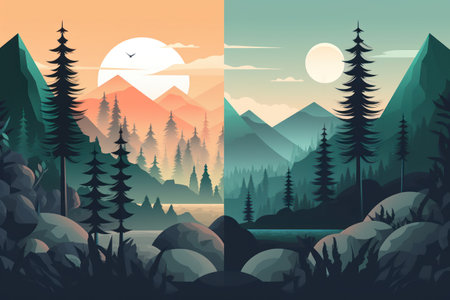 Landscape of mountains and forest in flat style. vector illustration.の素材