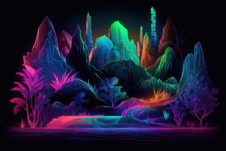 Illustration of fantasy landscape with mountains, trees and neon lights.の素材