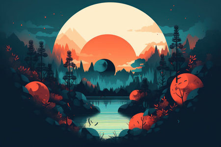 Fantasy landscape with lake, forest and mountains. vector illustration.の素材