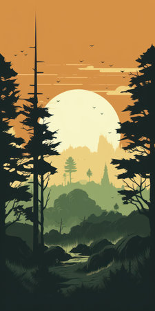 Silhouette of the forest at sunset. Vector illustration in retro styleの素材