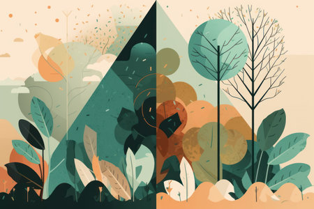 Vector illustration of a forest with trees, bushes, grass and plants.の素材