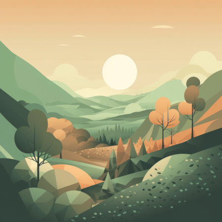 Autumn landscape with mountains and trees. Vector illustration in flat styleの素材