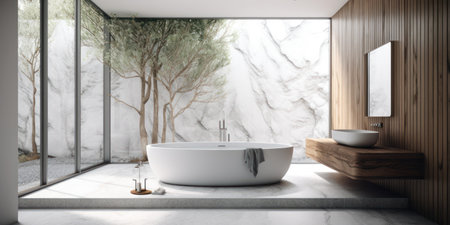 Interior of modern bathroom with white and wooden walls, concrete floor, comfortable white bathtub standing near round wooden sink and mirror. 3d renderingの素材