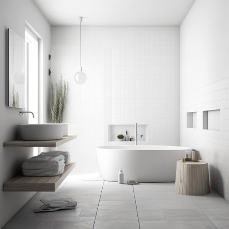 Bathroom interior with a white tile wall, tiled floor, white bathtub and two sinks. 3d renderingの素材