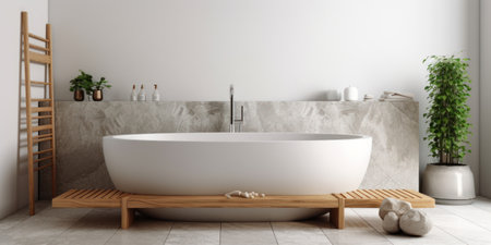 Bathroom interior with white walls, tiled floor, wooden bathtub and ladder. 3d renderingの素材