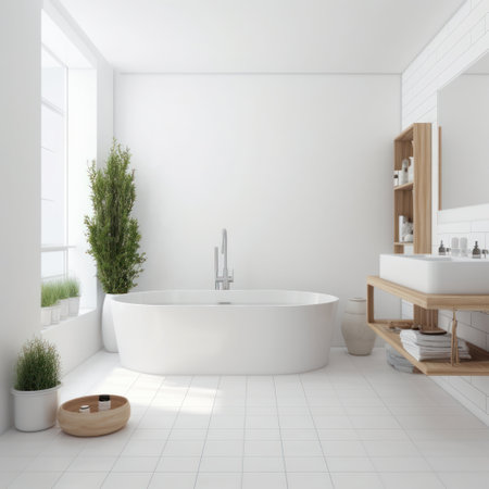 Interior of modern bathroom with white walls, tiled floor, white bathtub and round wooden sink. 3d renderingの素材