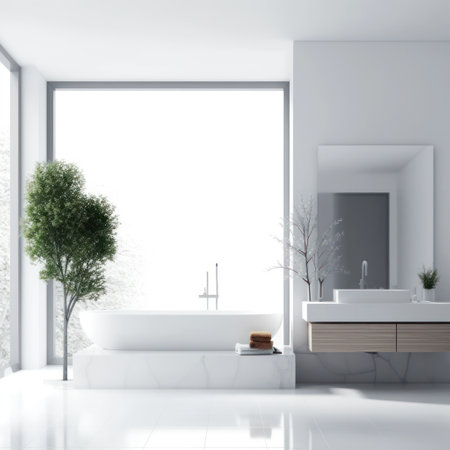 Interior of modern bathroom with white walls, tiled floor, comfortable white bathtub standing near window with blurry winter landscape. 3d renderingの素材