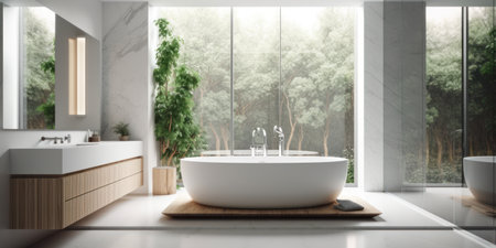 Corner of modern bathroom with white walls, concrete floor, comfortable white bathtub and round sink standing on wooden countertop. 3d renderingの素材
