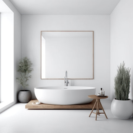 Interior of modern bathroom with white walls, concrete floor, white bathtub standing on wooden barrel and vertical mock up poster frame. 3d renderingの素材