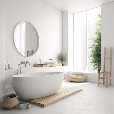 Interior of modern bathroom with white walls, concrete floor, comfortable white bathtub standing near round mirror and wooden ladder. 3d renderingの素材