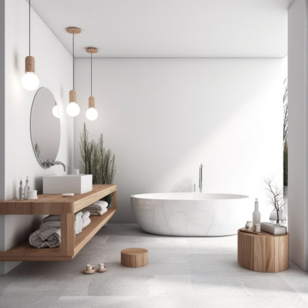 Interior of modern bathroom with white walls, tiled floor, comfortable white bathtub and wooden sink. 3d renderingの素材