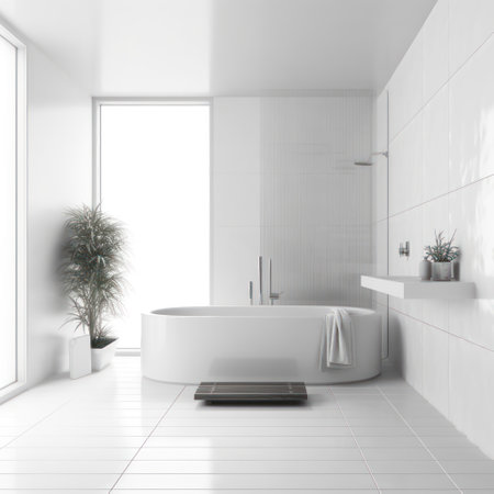 White bathroom interior with a white bathtub and a green plant. 3d renderingの素材