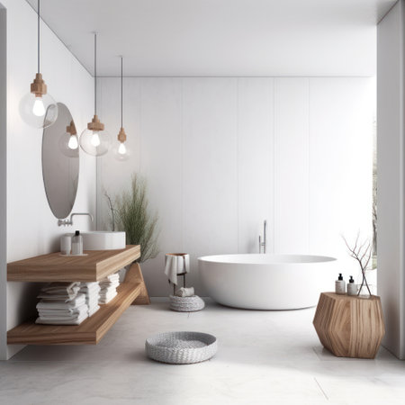 Interior of modern bathroom with white walls, tiled floor, comfortable white bathtub and round wooden sink. 3d renderingの素材