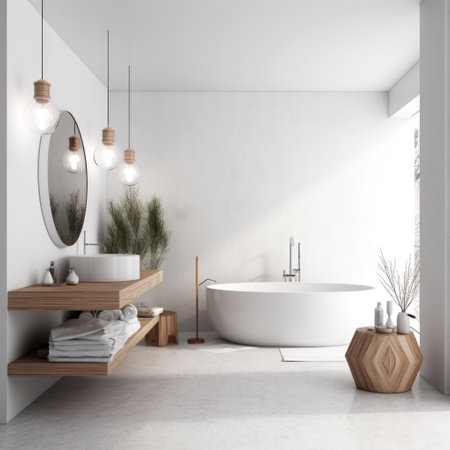 Corner of modern bathroom with white walls, concrete floor, comfortable white bathtub and round mirror. 3d renderingの素材
