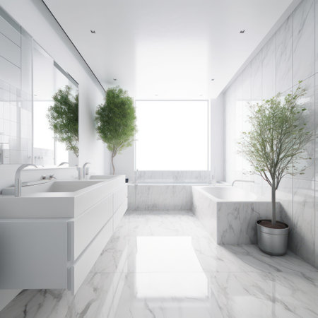 Bathroom interior with white marble walls, white floor, comfortable white bathtub standing near the window. 3d renderingの素材
