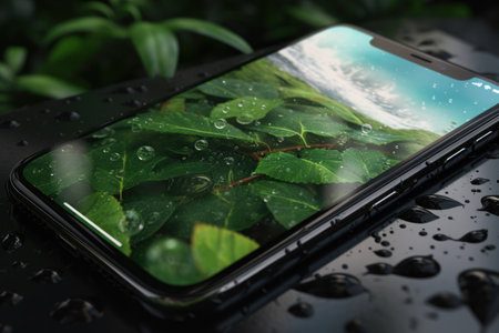 Smart phone with green leaves and rain drops on a black background.の素材