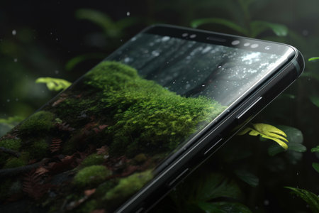 Smartphone with moss on screen in the garden. nature concept.の素材