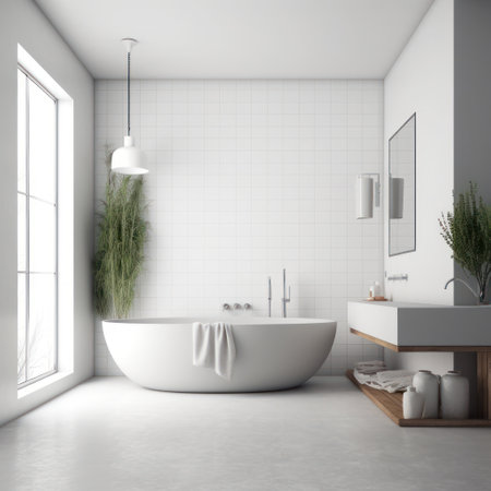 Interior of modern bathroom with white tile walls, concrete floor, comfortable white bathtub and double sink with vertical mirror above it. 3d renderingの素材