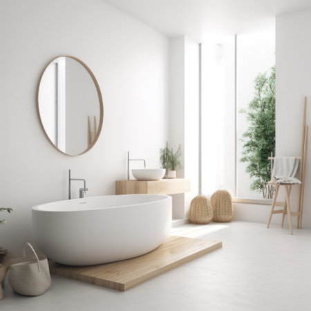 Interior of modern bathroom with white walls, concrete floor, comfortable white bathtub and round mirror. 3d renderingの素材