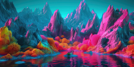 fantasy alien planet. mountain and lake. 3D illustration.の素材