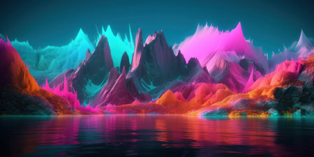 Mountain landscape with lake and reflection in water. 3d illustrationの素材