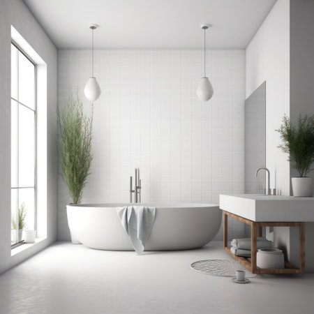Bathroom interior with white tile walls, concrete floor, comfortable white bathtub and round mirror. 3d renderingの素材