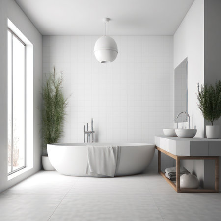 Bathroom interior with white tile walls, tiled floor, comfortable white bathtub and round sink. 3d renderingの素材