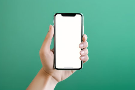 female hand holding a smart phone with white screen on a green backgroundの素材