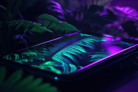 Smartphone with green screen in dark room with tropical palm leaves.の素材