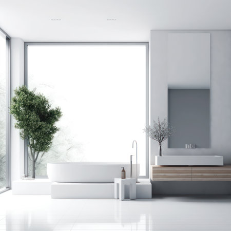 Interior of modern bathroom with white walls, tiled floor, comfortable white bathtub standing near window with blurry nature view. 3d renderingの素材