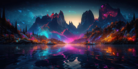fantasy alien planet. mountain and lake. 3D illustration.の素材