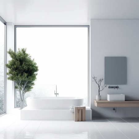 Interior of modern bathroom with white walls, tiled floor, white bathtub standing near the window and green tree. 3d renderingの素材