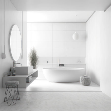 Interior of modern bathroom with white walls, concrete floor, white bathtub and round mirror. 3d renderingの素材