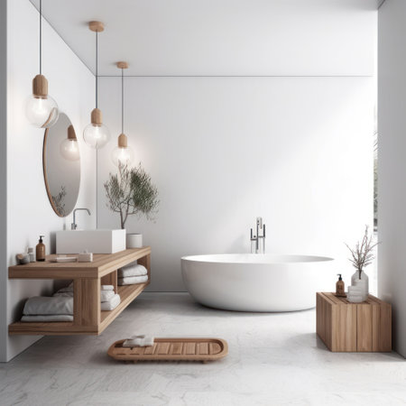 Interior of modern bathroom with white walls, concrete floor, comfortable white bathtub standing near wooden shelf with towels and round mirror. 3d renderingの素材