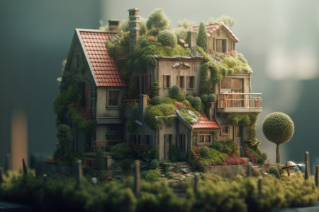 Miniature model of a house on a background of the city.の素材