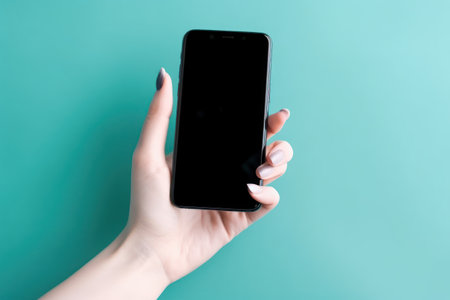 Female hand holding a smartphone with a blank screen on a turquoise backgroundの素材