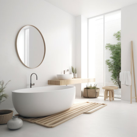 Interior of modern bathroom with white walls, concrete floor, white bathtub and round mirror. 3d renderingの素材