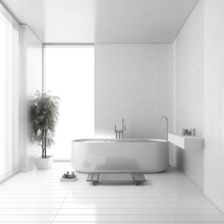 Modern bathroom interior with white tile walls, tiled floor, comfortable white bathtub and mirror. 3d renderingの素材
