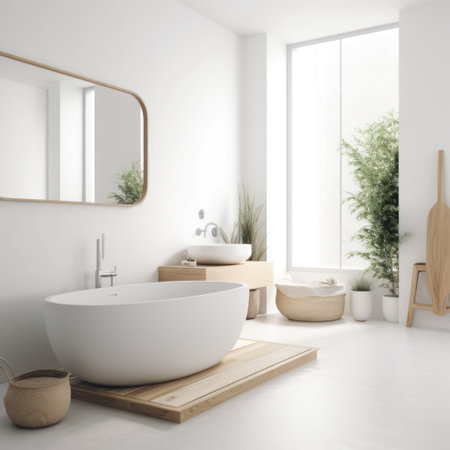 Interior of modern bathroom with white walls, concrete floor, white bathtub standing on wooden countertop and round mirror. 3d renderingの素材