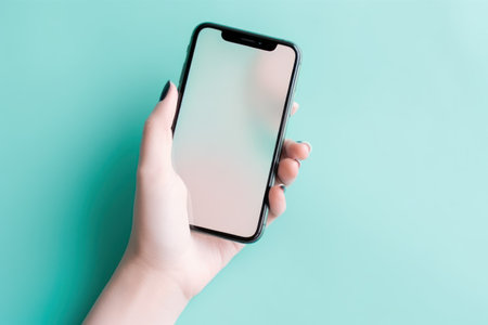 Female hand holding smartphone with blank screen on turquoise background.の素材
