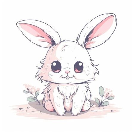 Cute little bunny sitting on the ground. Vector cartoon illustration.の素材