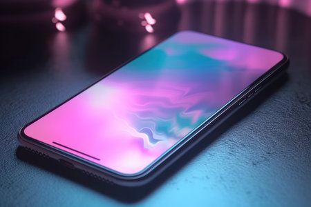 Smartphone with colorful screen on a dark background. close up.の素材