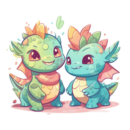 Cute cartoon dragon couple isolated on white background. vector illustration.の素材