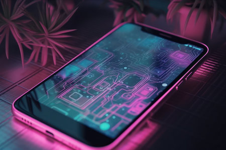 Smartphone with circuit board on the screen. 3d illustration.の素材